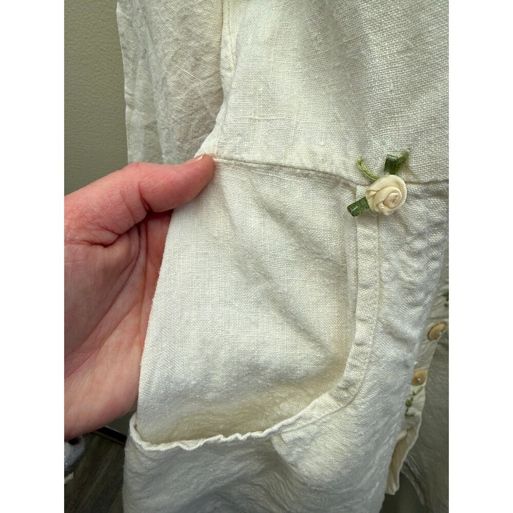 FLAX Jeanne Engelhart Linen Dress | Size M | Ivory Button Front Embroidered - Picture 4 of 7